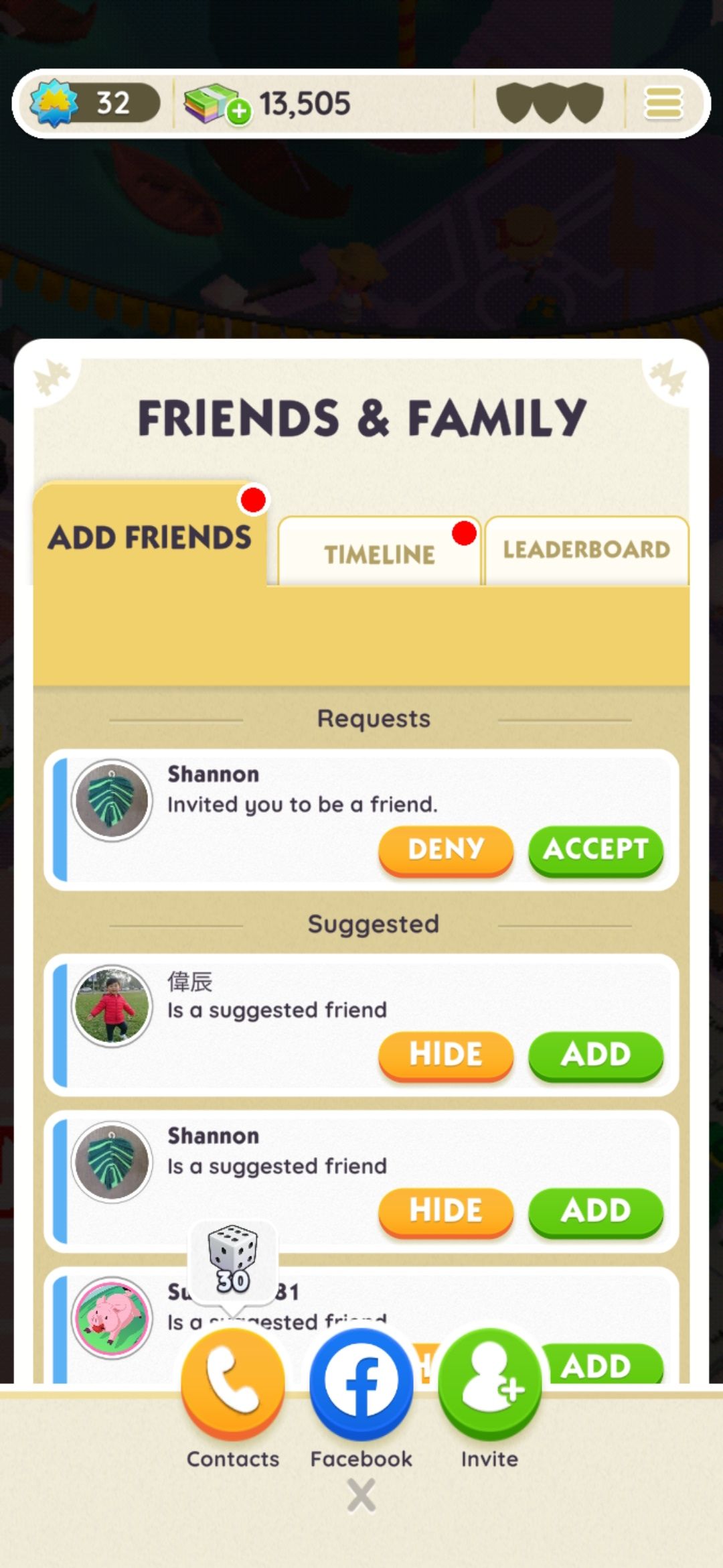 lista de amigos sugeridos com botões adicionar e ocultar no aplicativo monopoly go