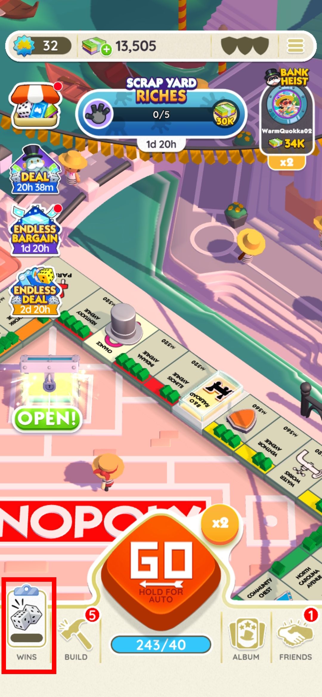contorno de retângulo vermelho destacando a guia de vitórias no aplicativo monopoly go