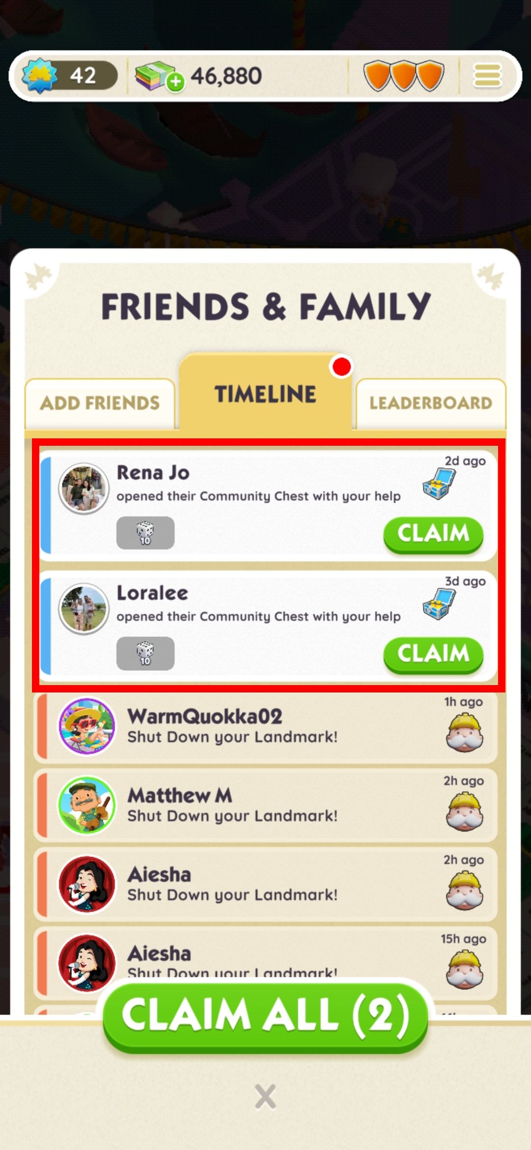 reivindique dados grátis na lista de amigos no aplicativo Monopoly Go com o botão reivindicar todos
