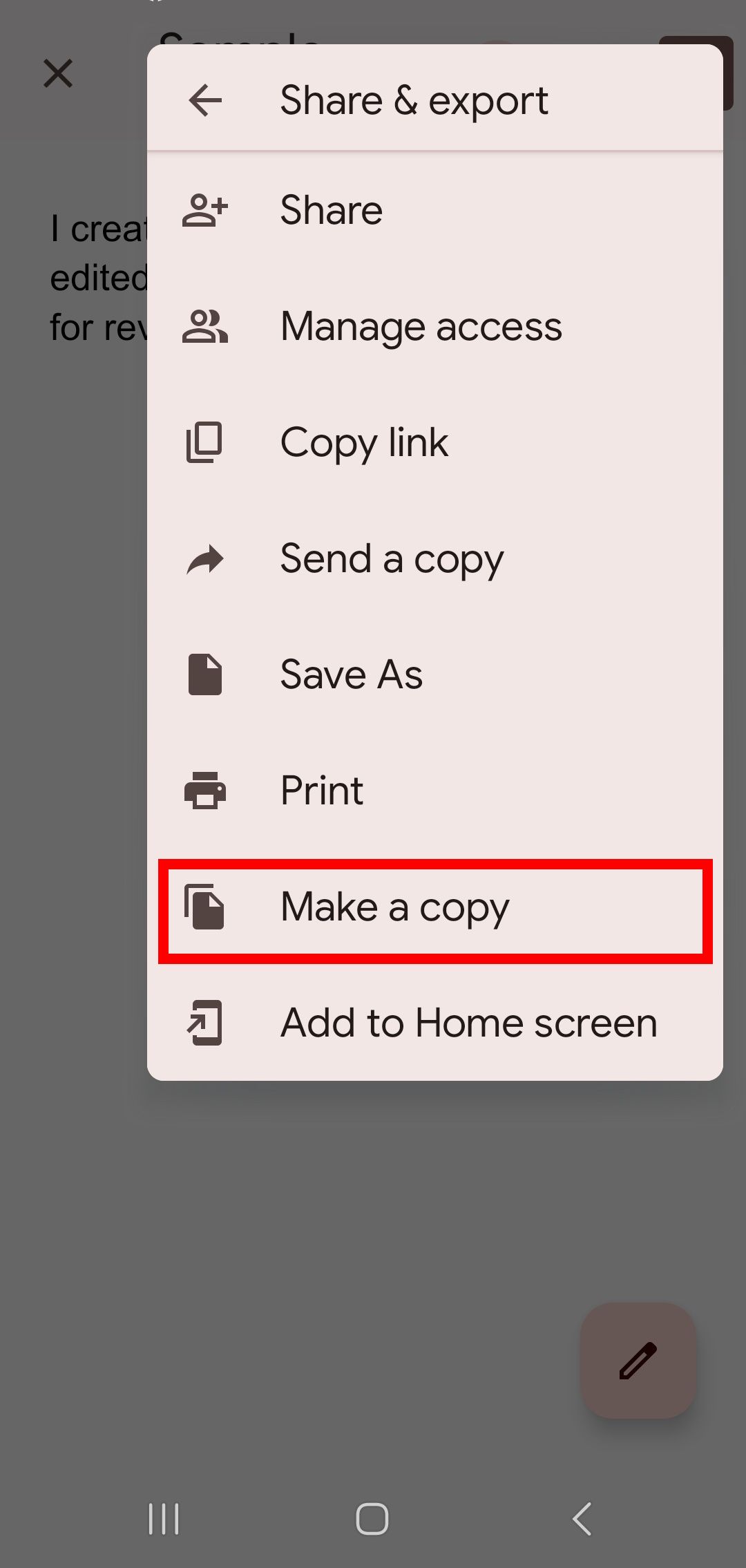 contorno de retângulo vermelho sobre a opção de fazer uma cópia em compartilhar e exportar no Google Docs no celular
