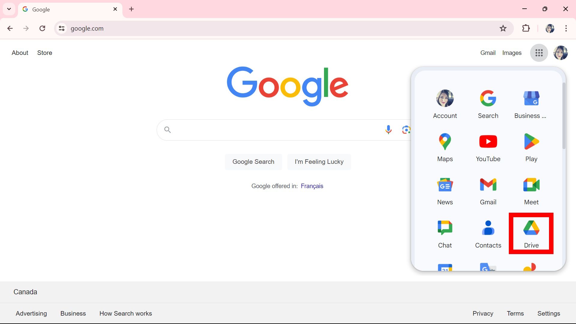 contorno de retângulo vermelho sobre o drive na página inicial do Google
