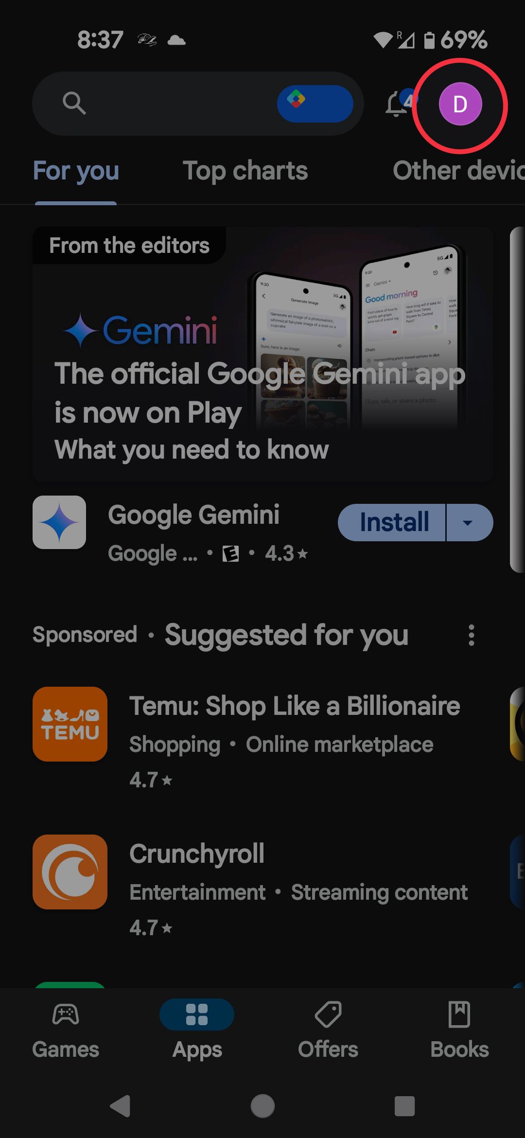 Tela inicial da Google Play Store destacando o ícone do perfil