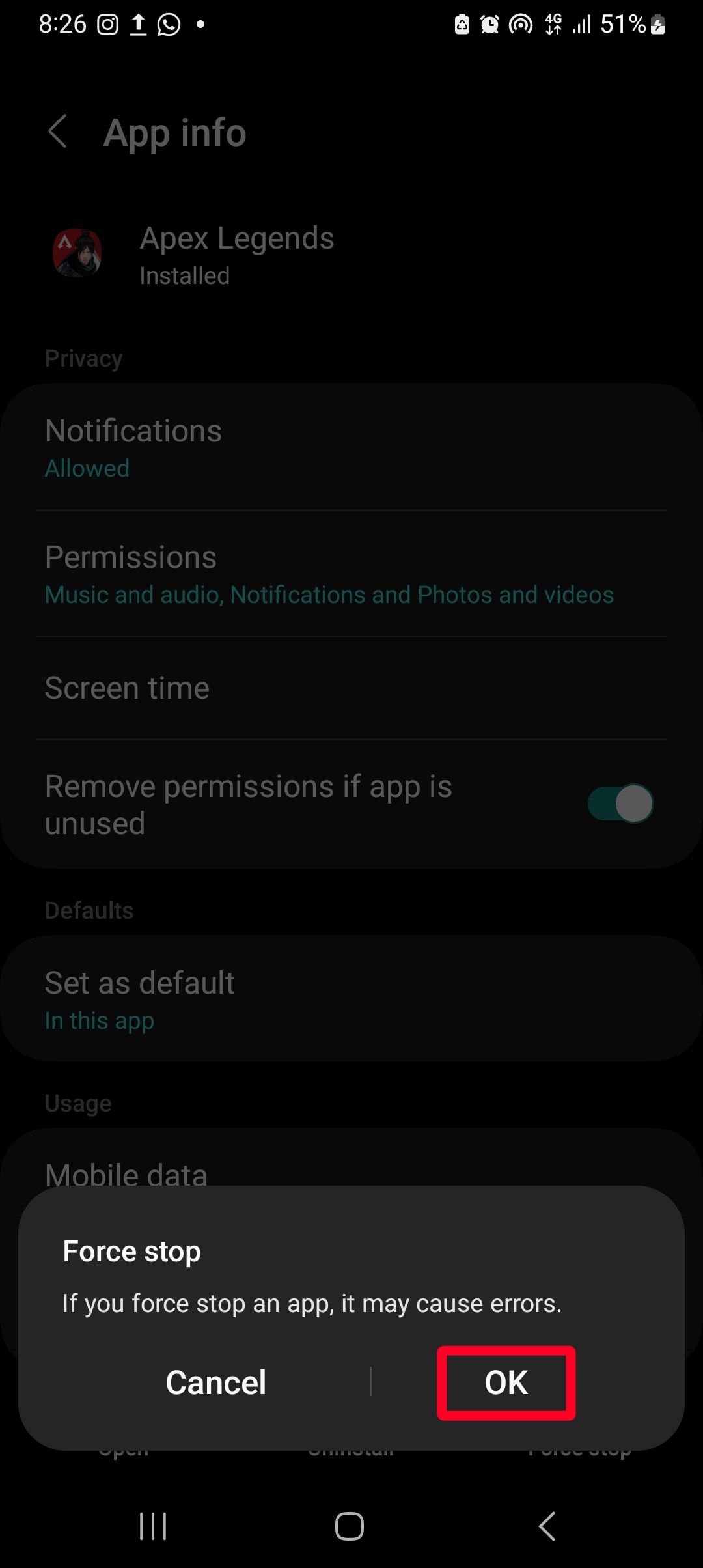 contorno de retângulo vermelho sobre a opção ok em vigor para interromper o aplicativo Apex Legends no smartphone Android
