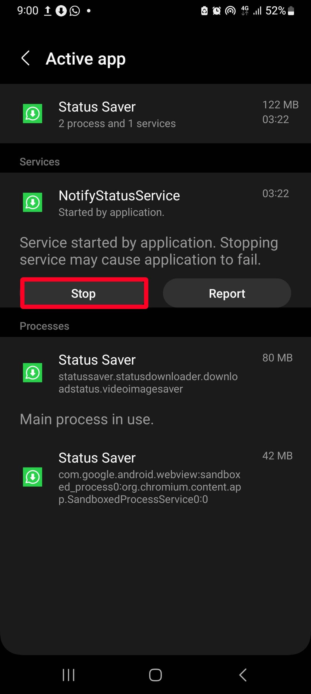 contorno de retângulo vermelho sobre a opção de parada no menu do aplicativo ativo no modo de desenvolvedor no smartphone Android