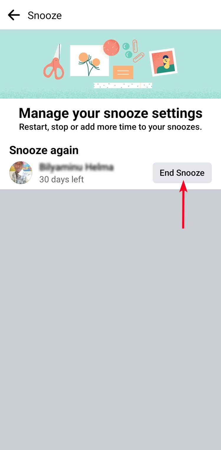 seta sólida vermelha apontando para End Snooze no aplicativo móvel do Facebook