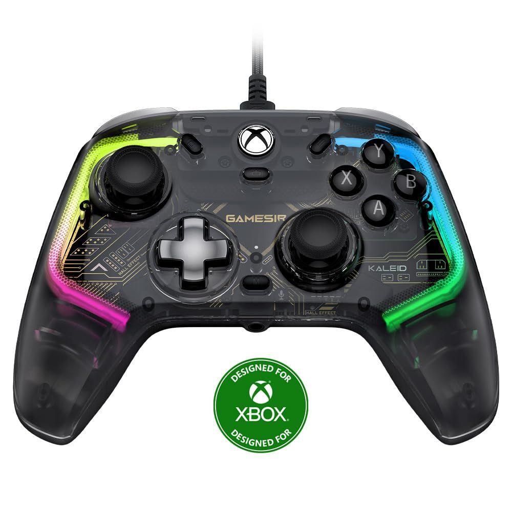 Uma imagem mostrando o controlador Kaleid licenciado para Xbox com sua luz LED arco-íris.
