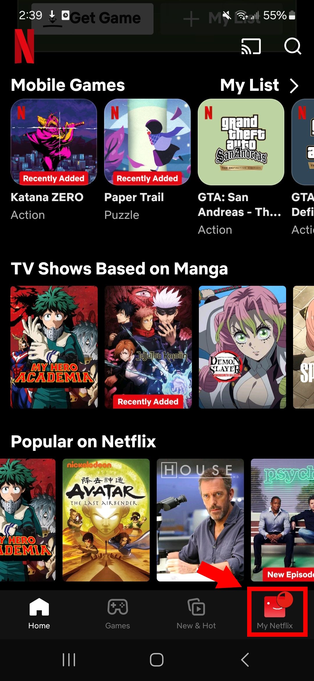 contorno de quadrado vermelho sobre meu ícone do Netflix no canto inferior direito do aplicativo Netflix