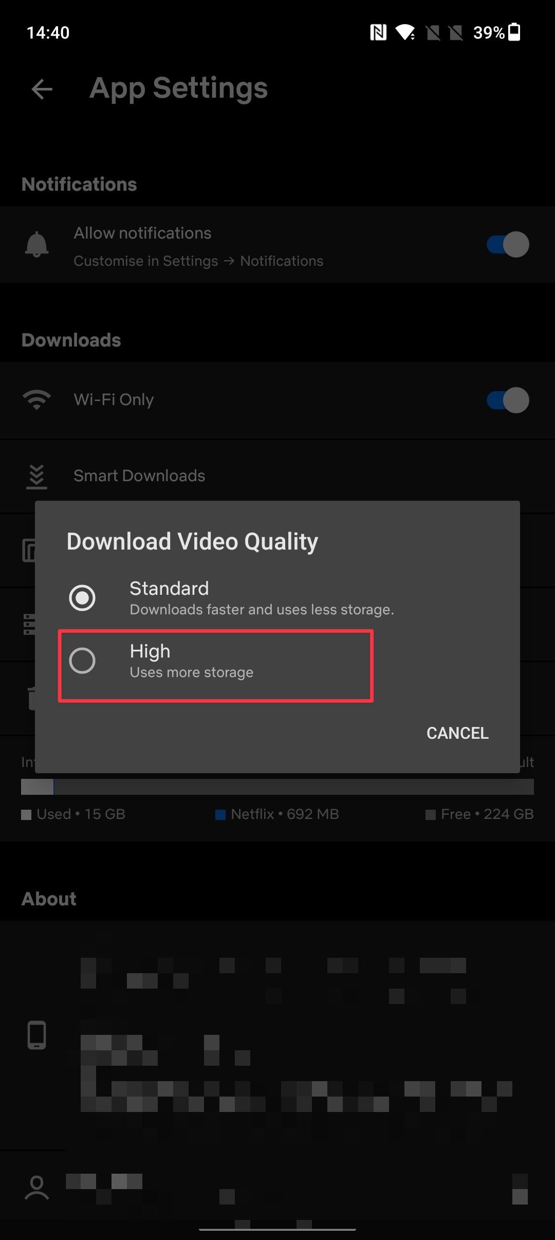 captura de tela do pop-up de qualidade de vídeo do aplicativo móvel Netflix