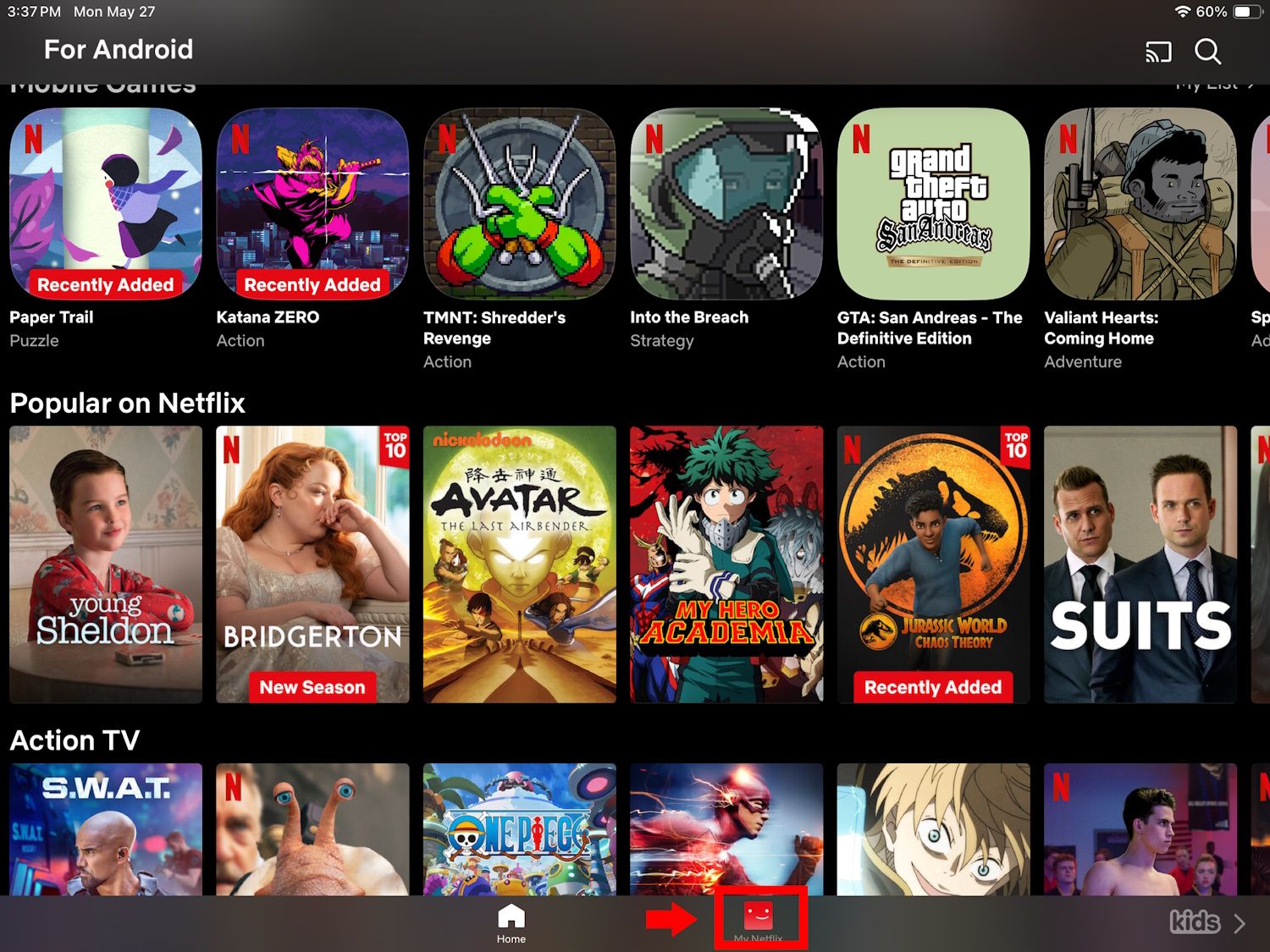 seta vermelha apontando para meu ícone do Netflix na parte inferior de um ipad