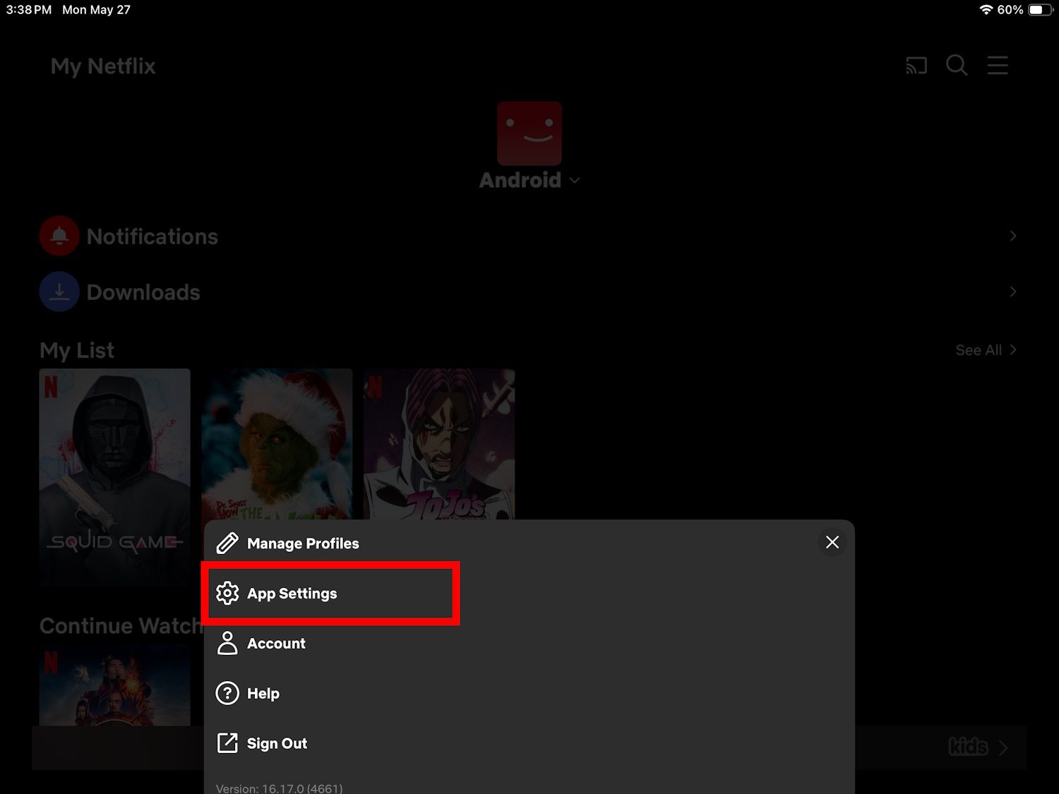 contorno de retângulo vermelho sobre as configurações do aplicativo Netflix em um iPad
