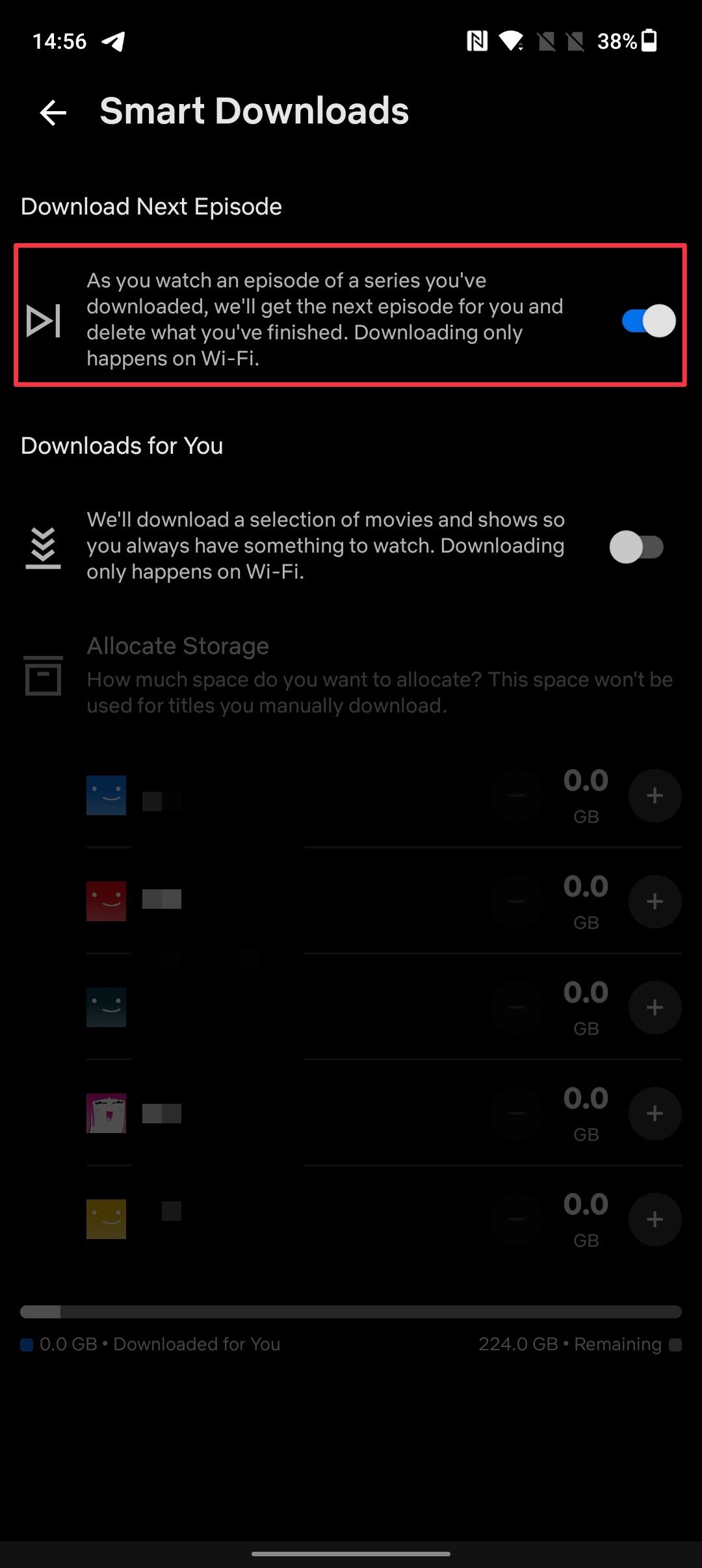 captura de tela das configurações de downloads inteligentes do aplicativo móvel Netflix