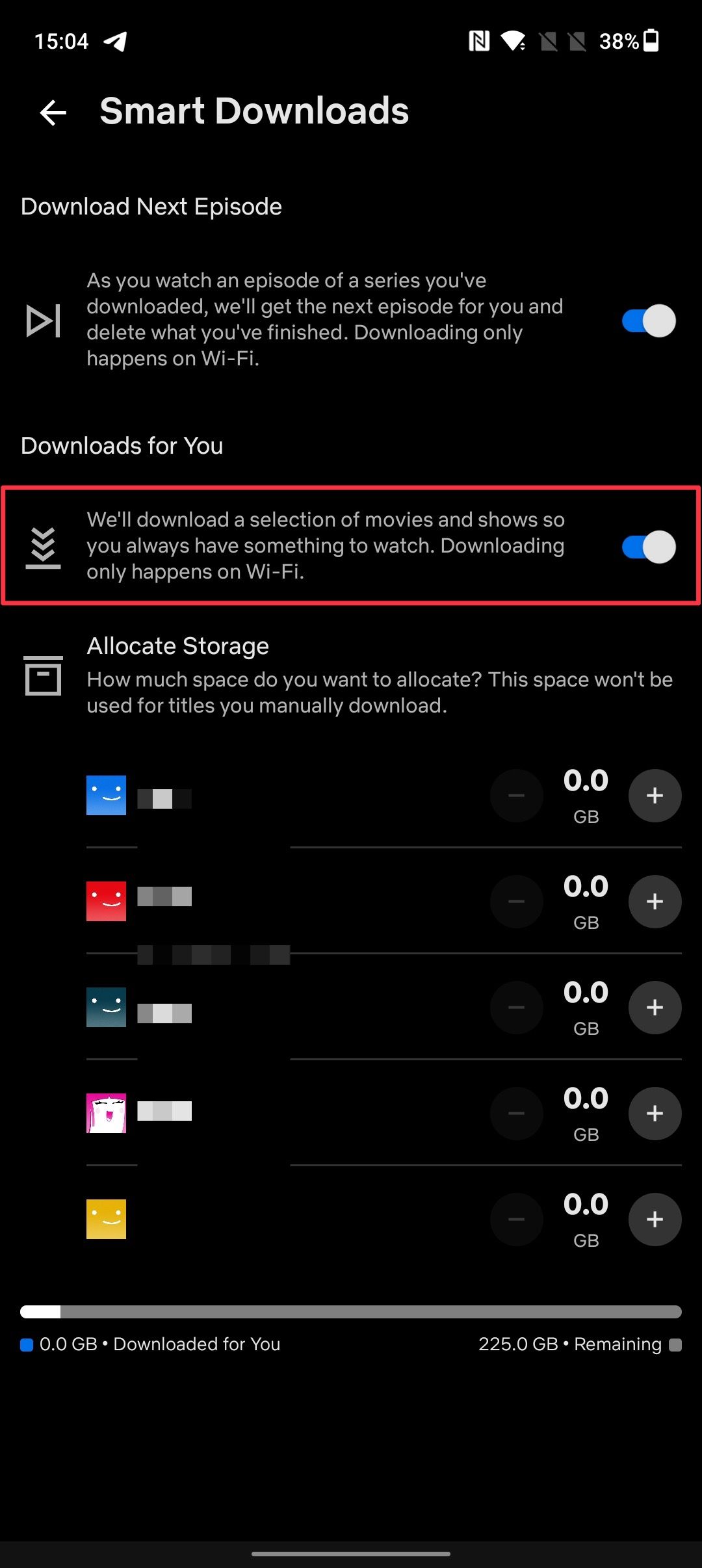 captura de tela das configurações de downloads inteligentes do aplicativo móvel Netflix