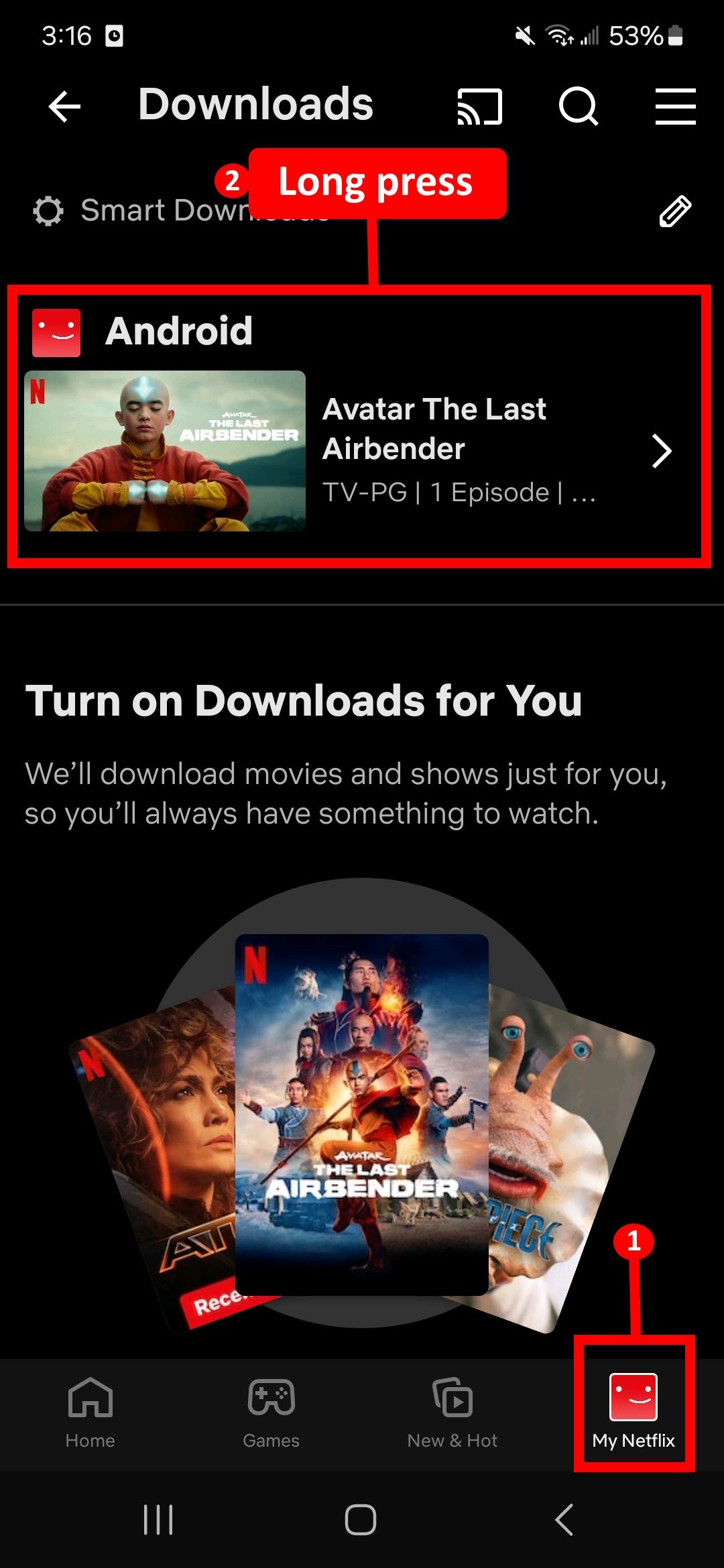 1 e 2 rótulos ao lado do meu ícone do Netflix e rótulo de gesto de toque longo pelo conteúdo baixado do Netflix selecionado