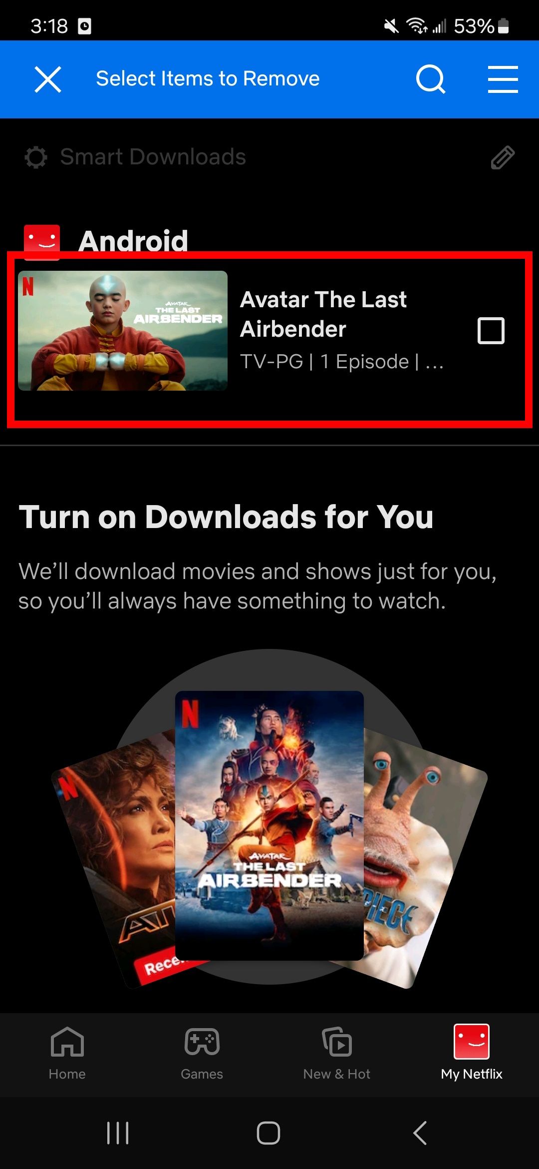 contorno de retângulo vermelho sobre conteúdo baixado do Netflix