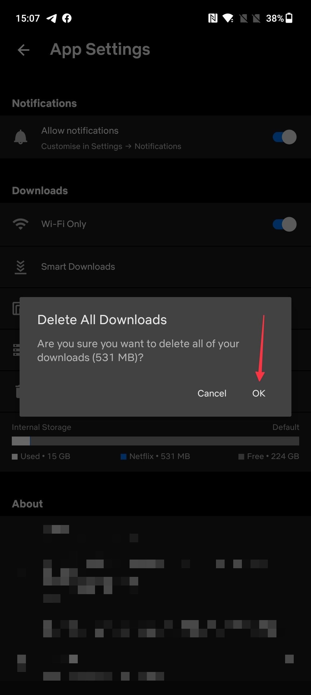 captura de tela da janela de exclusão de downloads do aplicativo móvel Netflix