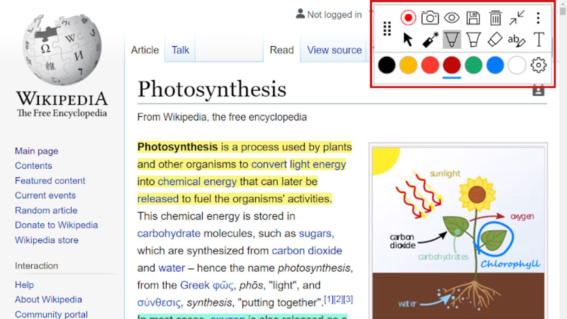 página da Wikipedia com barra de ferramentas de anotações e destaques