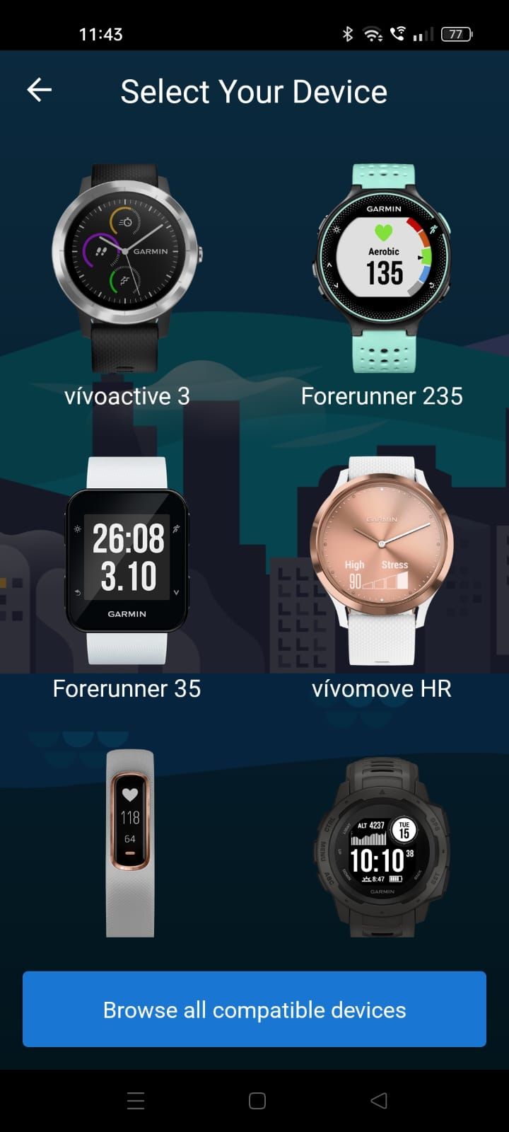 Captura de tela mostrando Procurar todos os dispositivos compatíveis no aplicativo Garmin Connect