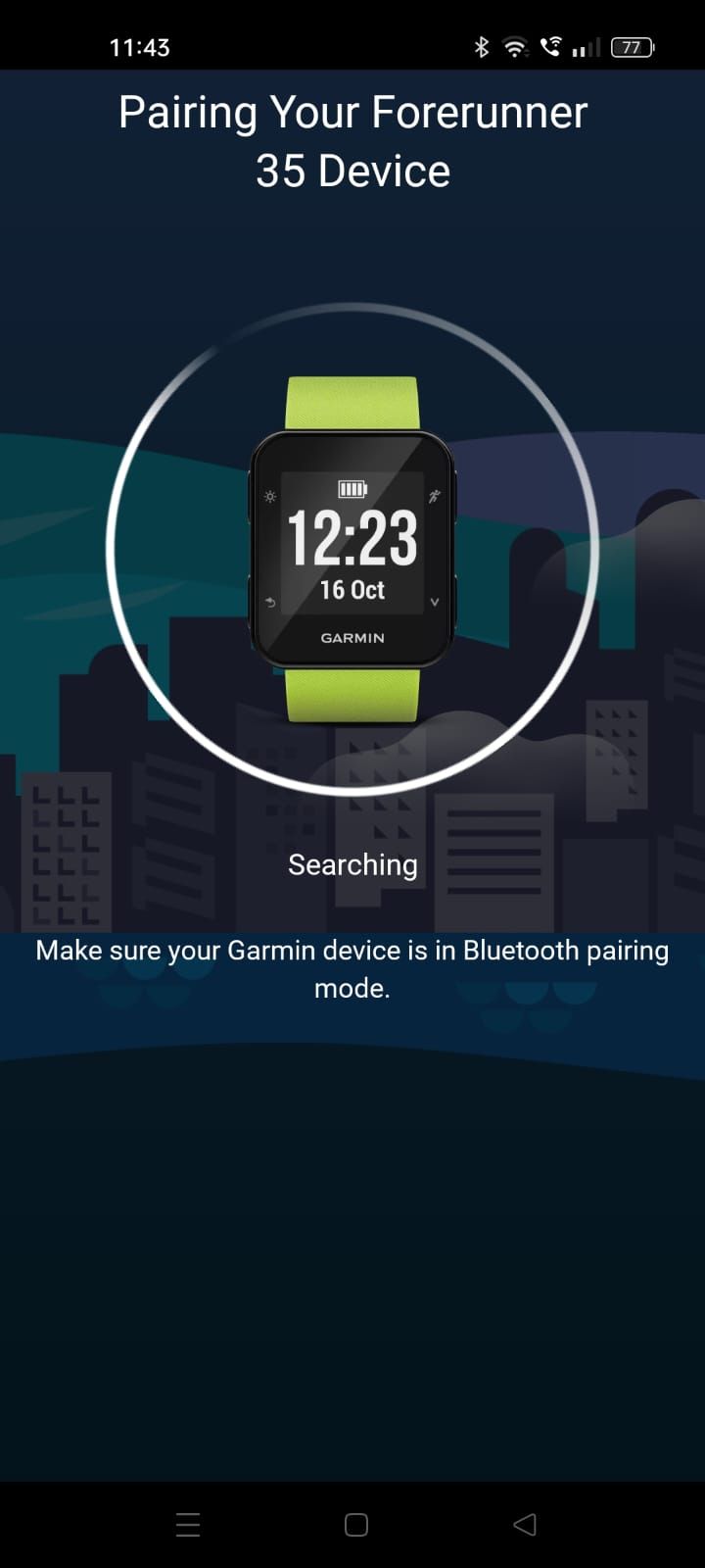 Captura de tela mostrando a tela de emparelhamento no aplicativo Garmin Connect