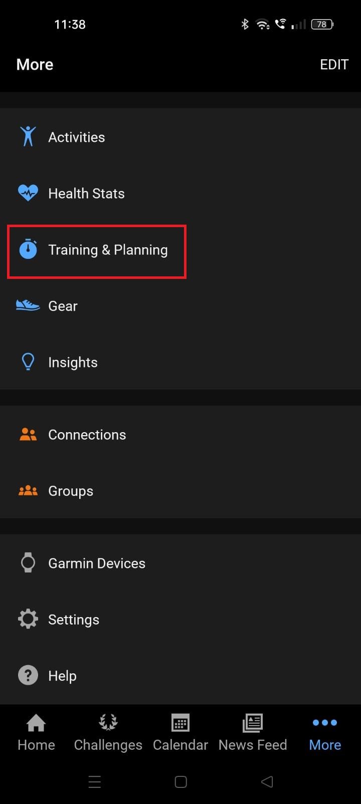 Captura de tela destacando Treinamento e planejamento no aplicativo Garmin Connect