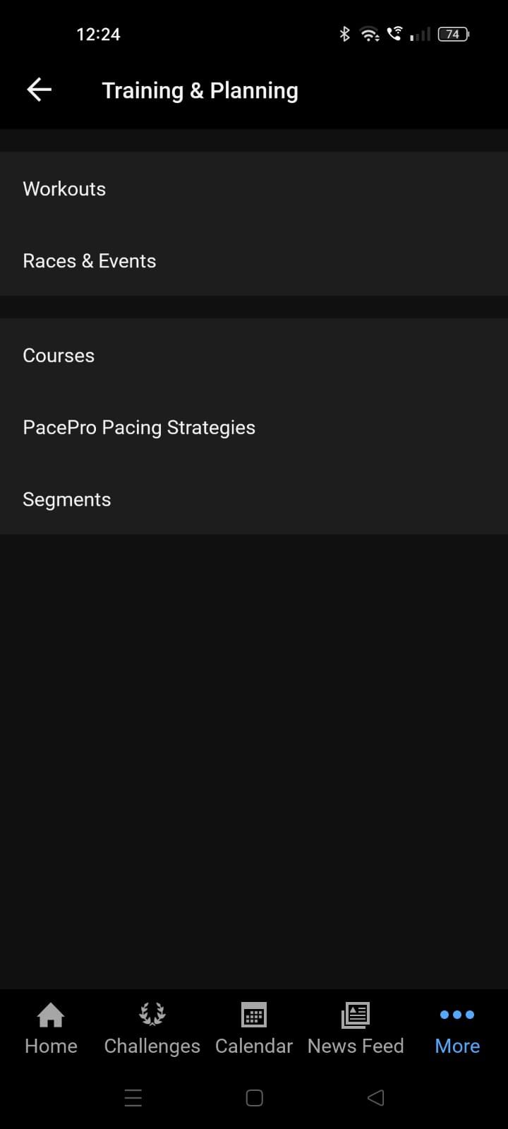 Captura de tela destacando o menu Treinamento e planejamento no aplicativo Garmin Connect
