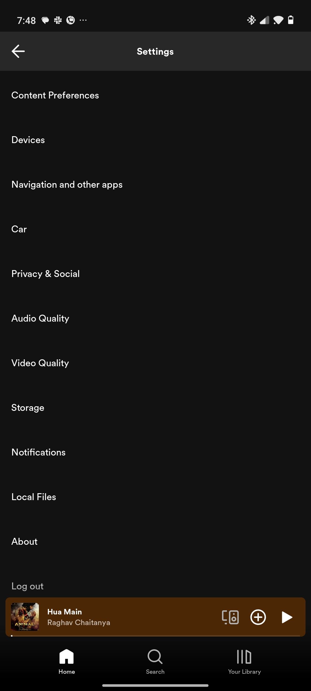 Menu de configurações do Spotify