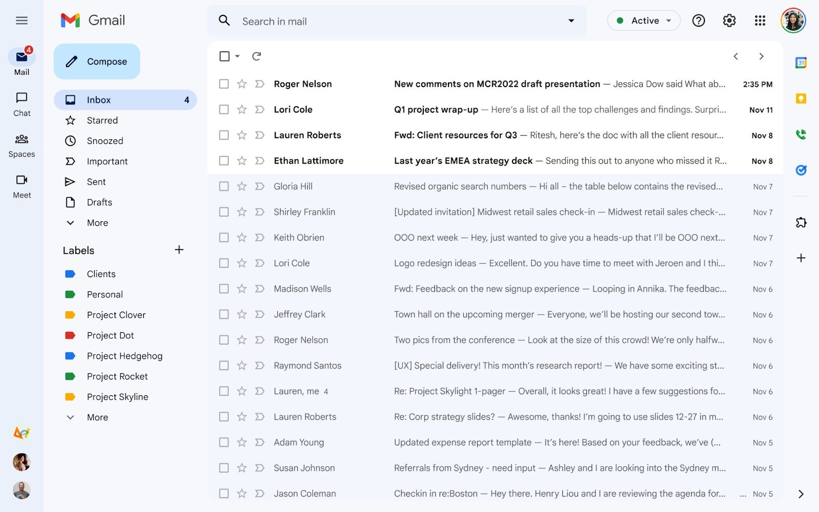 O novo layout em uma caixa de entrada do Gmail
