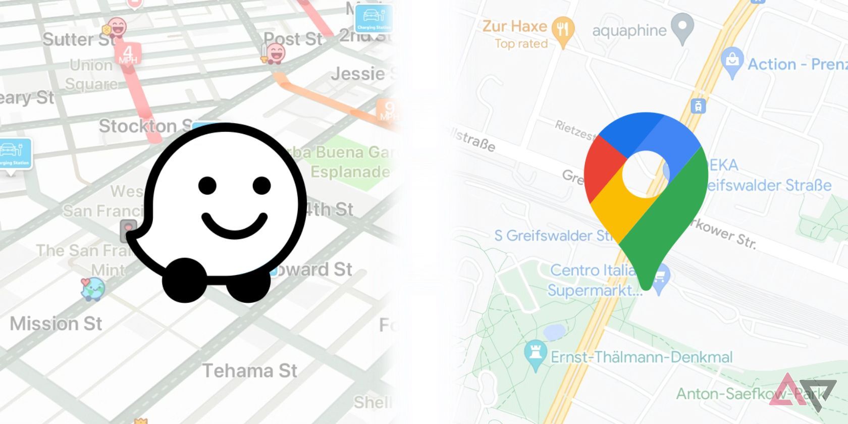 Logotipos do Waze e do Google Maps sobrepostos aos mapas