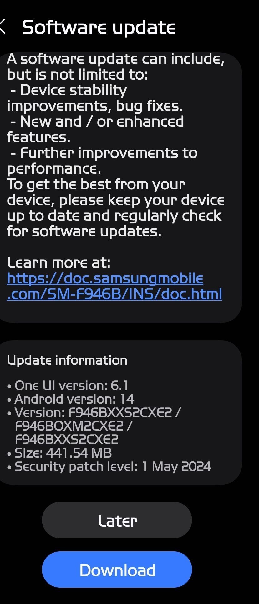 Captura de tela do alerta de atualização de segurança de maio de 2024 do Galaxy Z Fold 5.