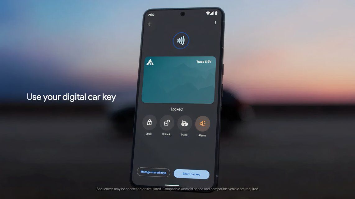 Uma tela mostrando as chaves digitais do carro Android em ação.