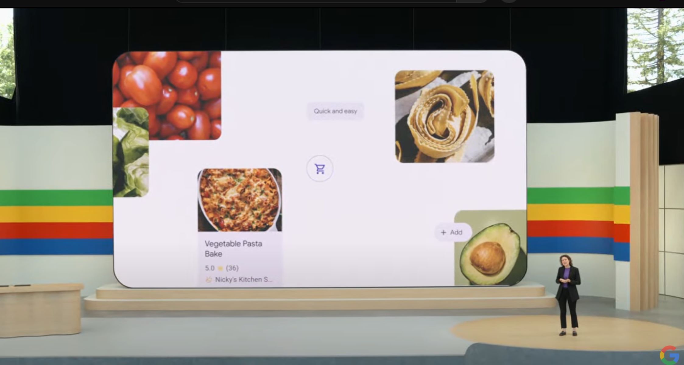 Uma captura de tela do palco do Google I/O e diferentes receitas exibidas em uma tela grande na frente do palco.