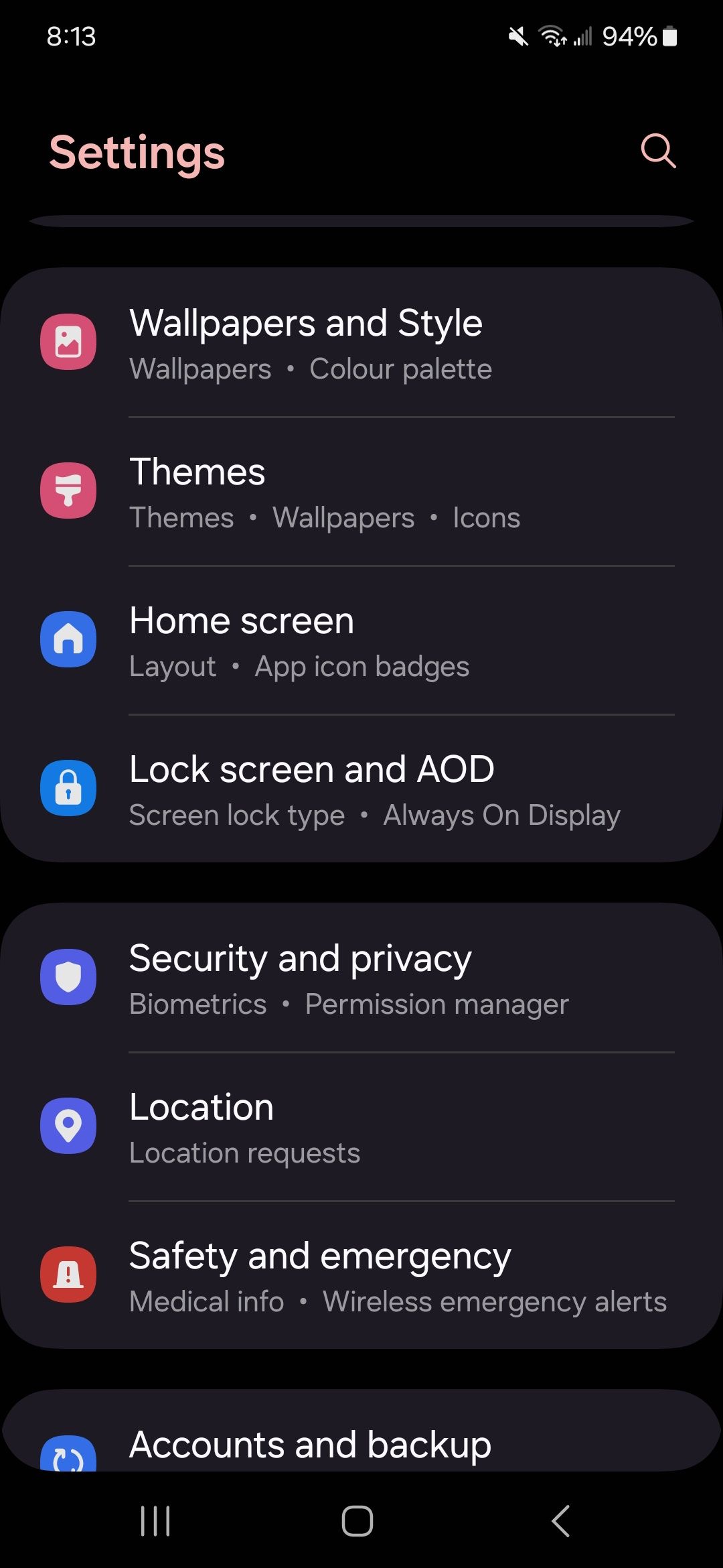 Configurações do Samsung One UI 6.1 com tela de bloqueio e opção AOD