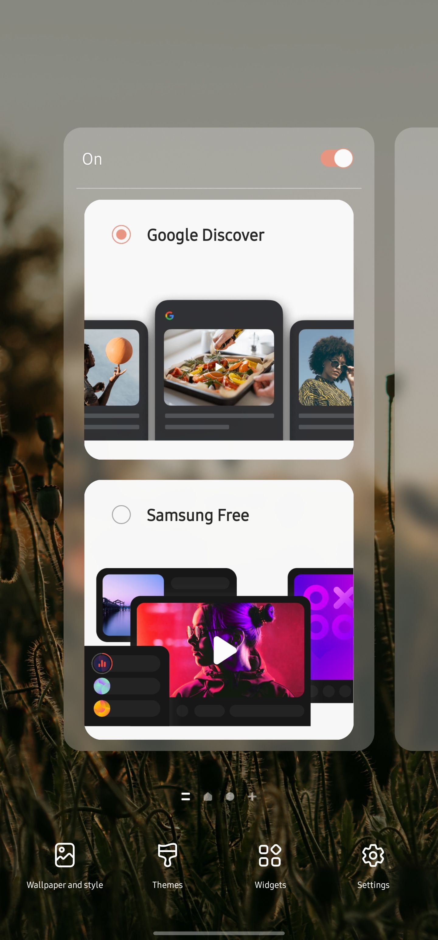 Configuração do painel da tela inicial do Samsung Google Discover/Samsung Free