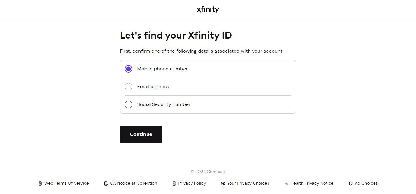 Captura de tela da página de pesquisa do Xfinity ID