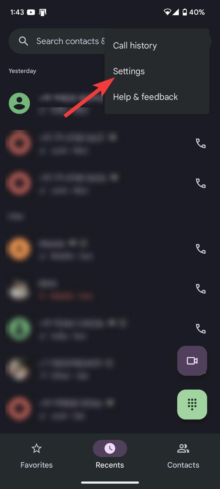 Tela de chamadas recentes do Google Phone
