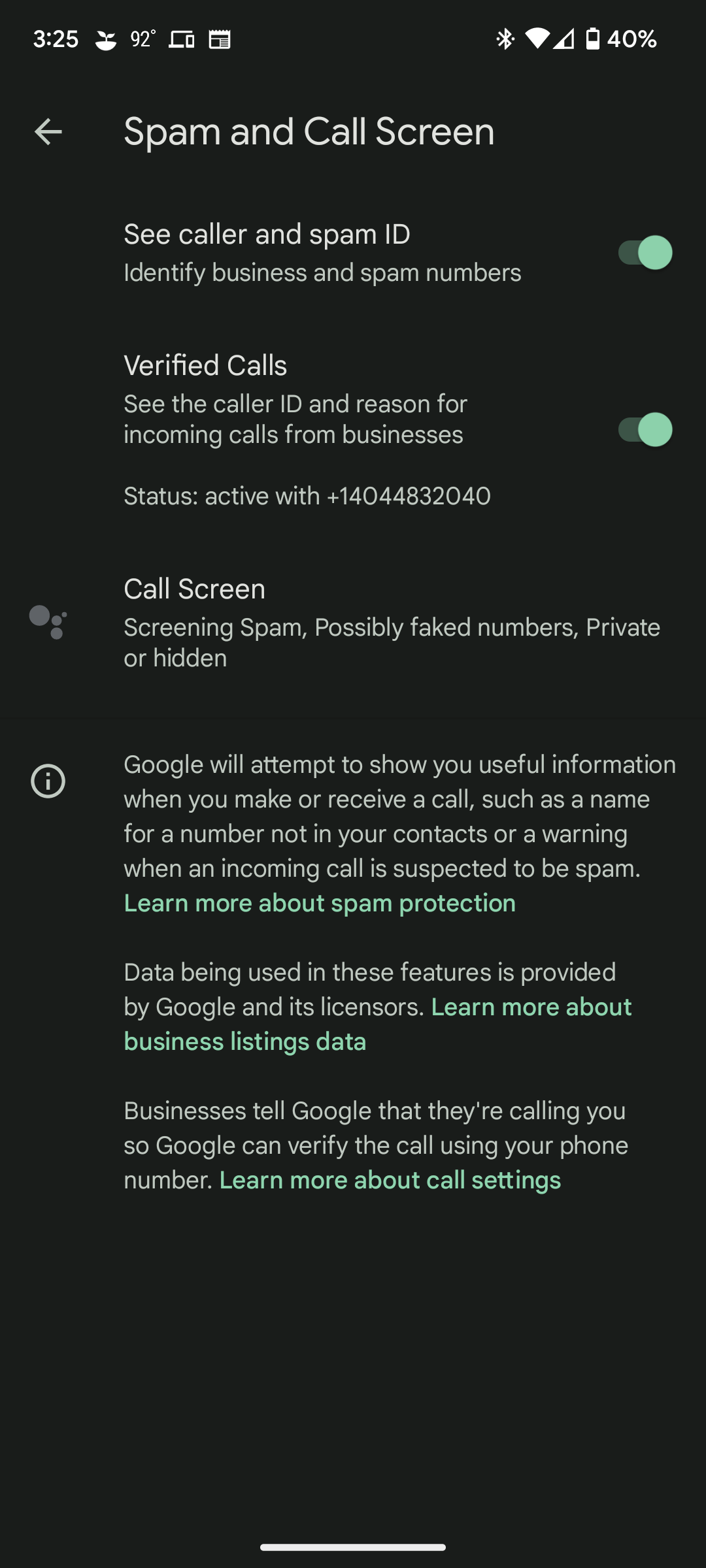 Configurações da tela de chamada do Google Pixel