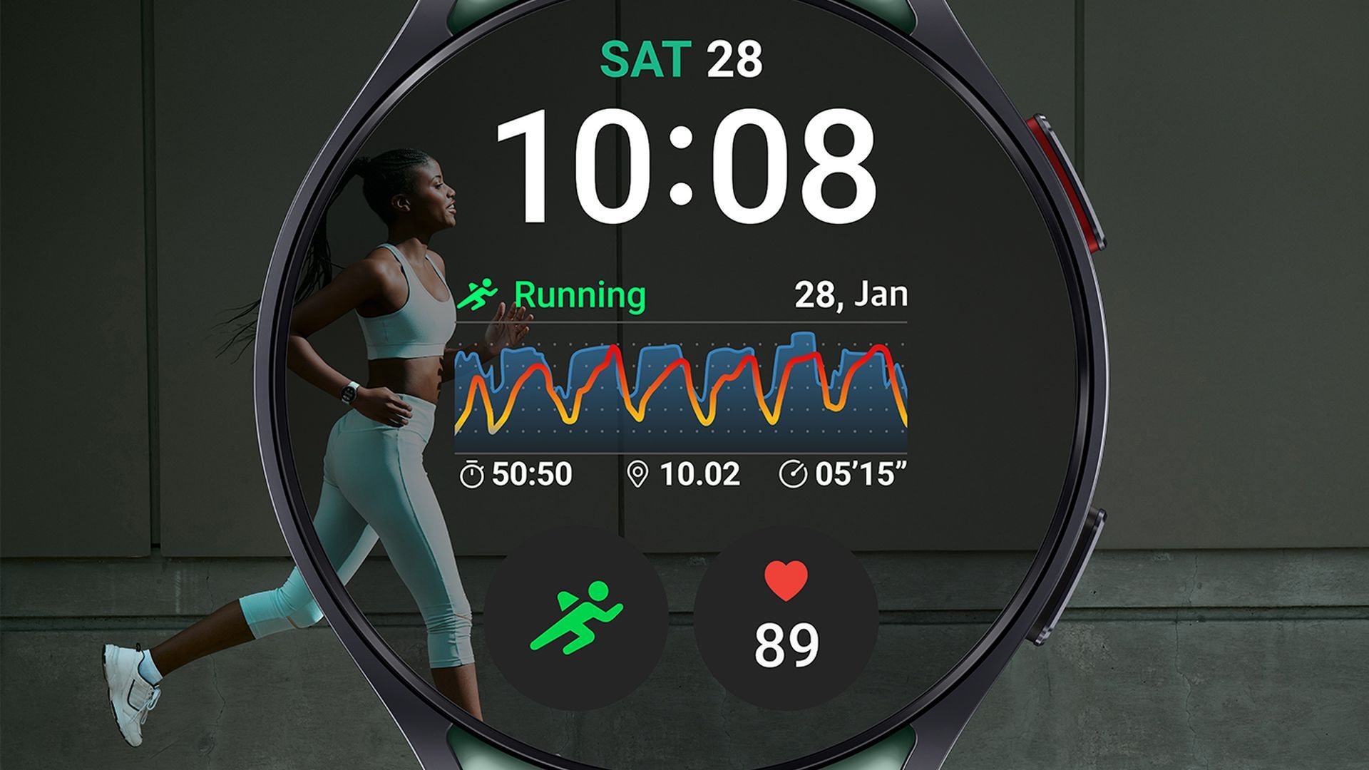 Imagem do Samsung Galaxy Watch 6 mostrando estatísticas de corrida sobrepostas à imagem de uma pessoa correndo 