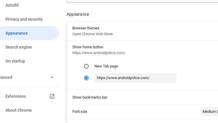 Inserindo um endereço da web personalizado no Google Chrome "aparência" cardápio
