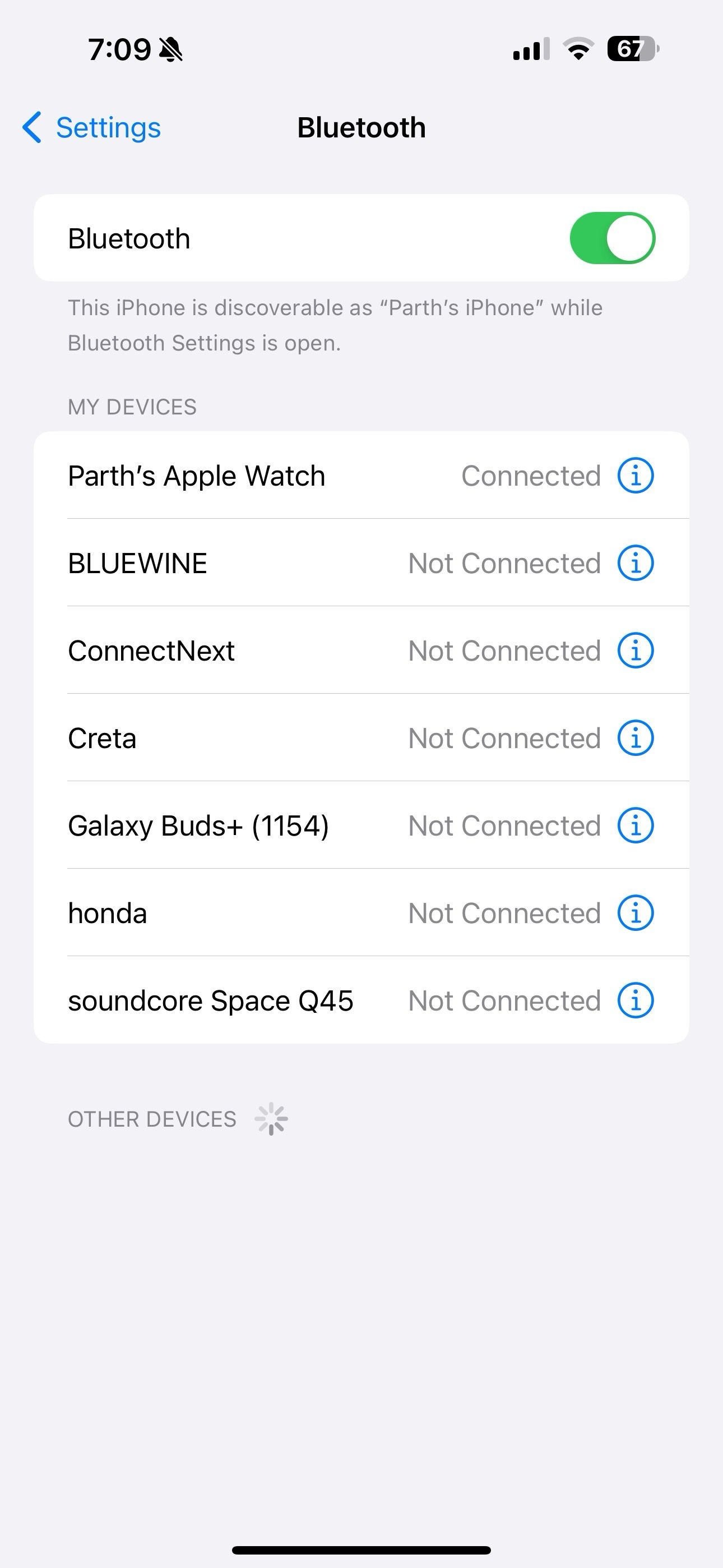 O menu de configurações de Bluetooth do iPhone