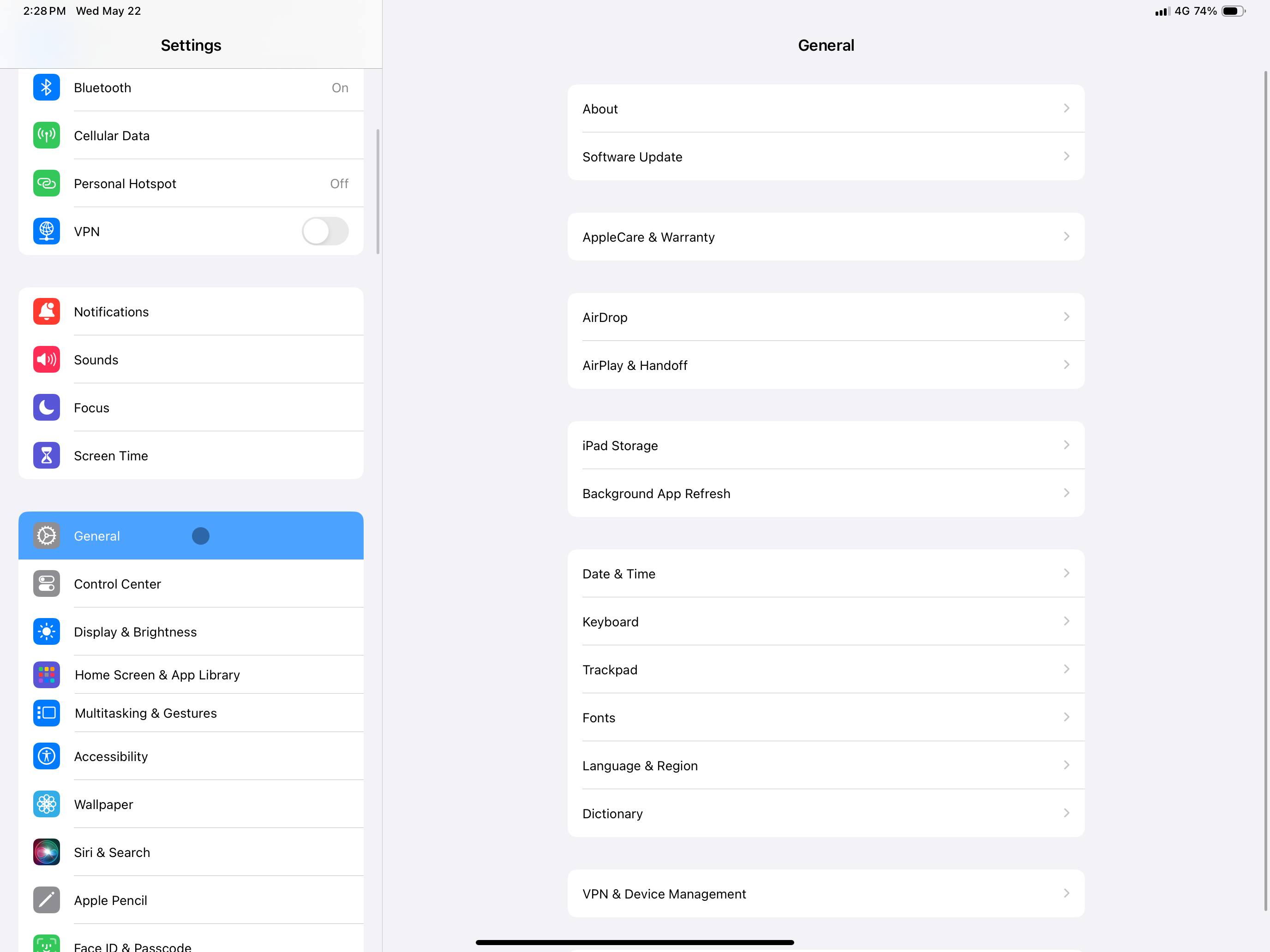 captura de tela mostrando as configurações do iPad