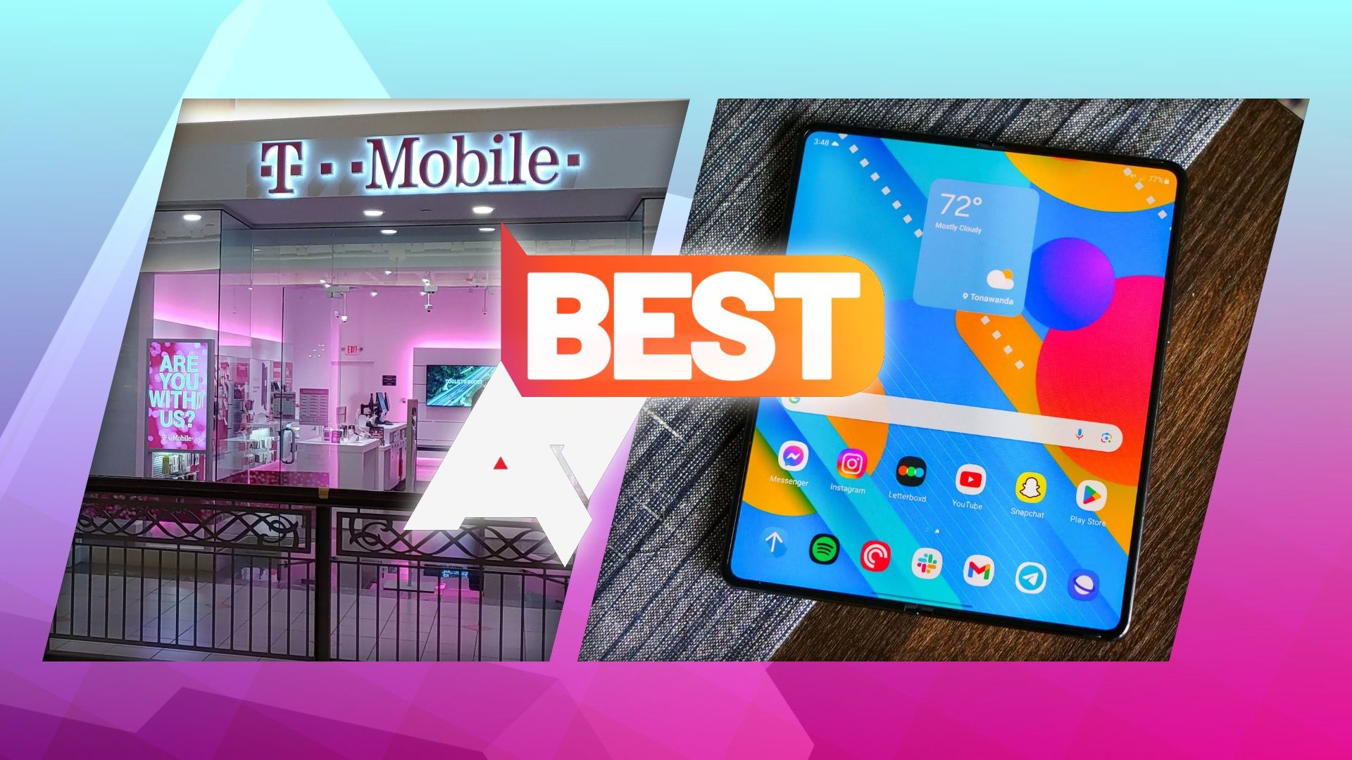 Uma foto de uma loja T-Mobile ao lado de uma foto de um telefone Samsung Galaxy Z Fold aberto, com o logotipo ‘AP Best’ na parte superior