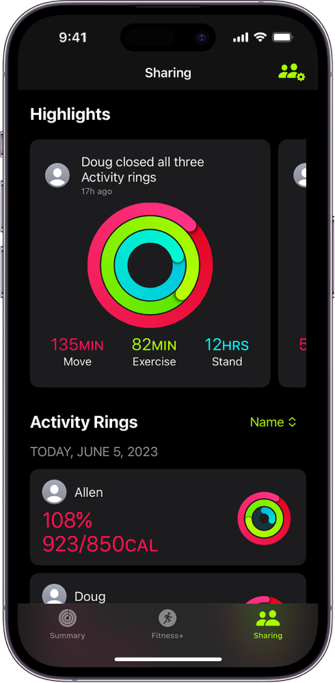 Imagem mostrando os destaques da competição do aplicativo Apple Watch Fitness