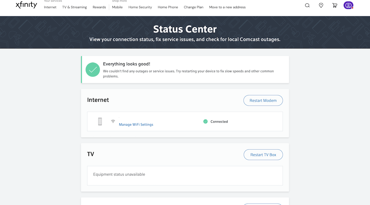 Status de interrupção do Xfinity no site Status Center