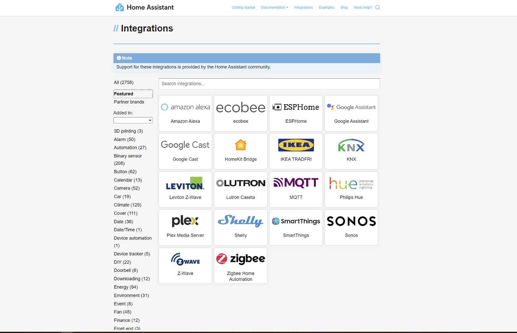 Uma captura de tela do catálogo de integrações do Home Assistant