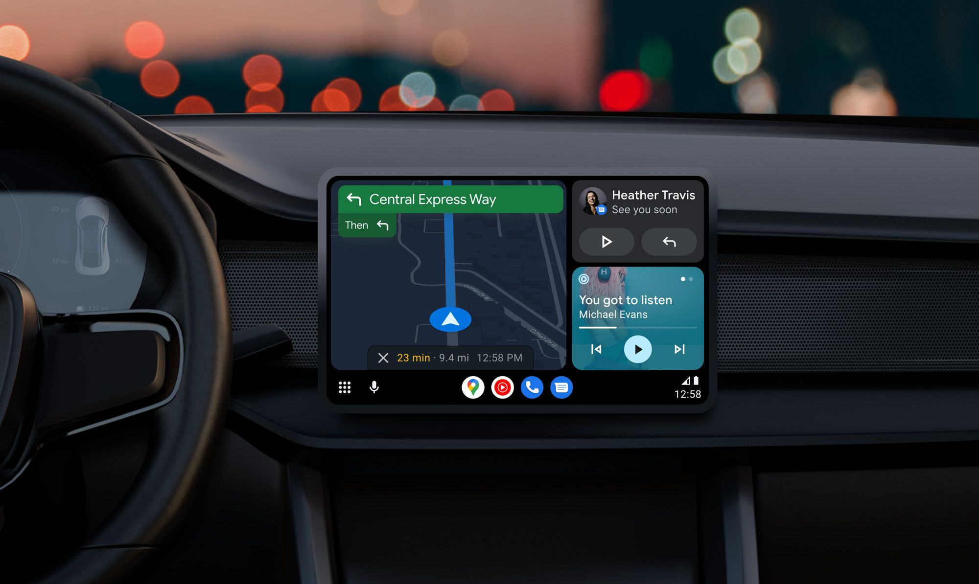 A tela de infoentretenimento de um veículo exibe o Google Maps do Android Auto