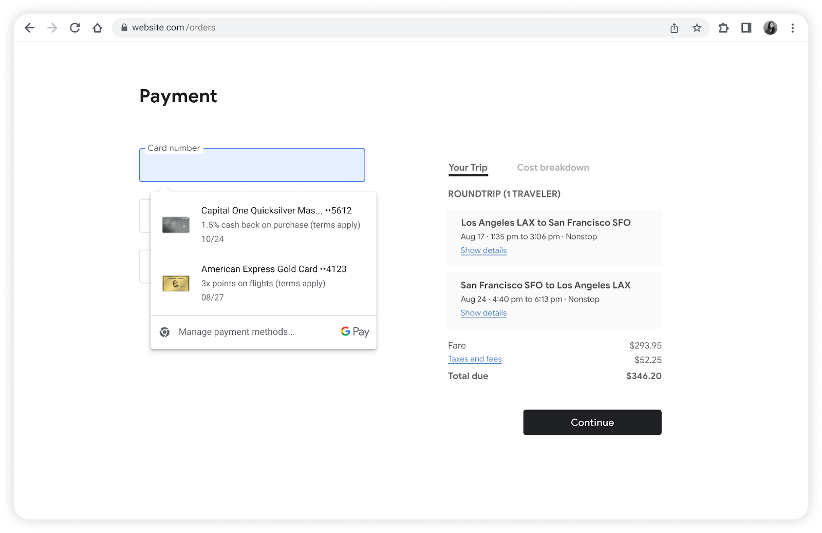Comparação de benefícios do cartão Google Pay