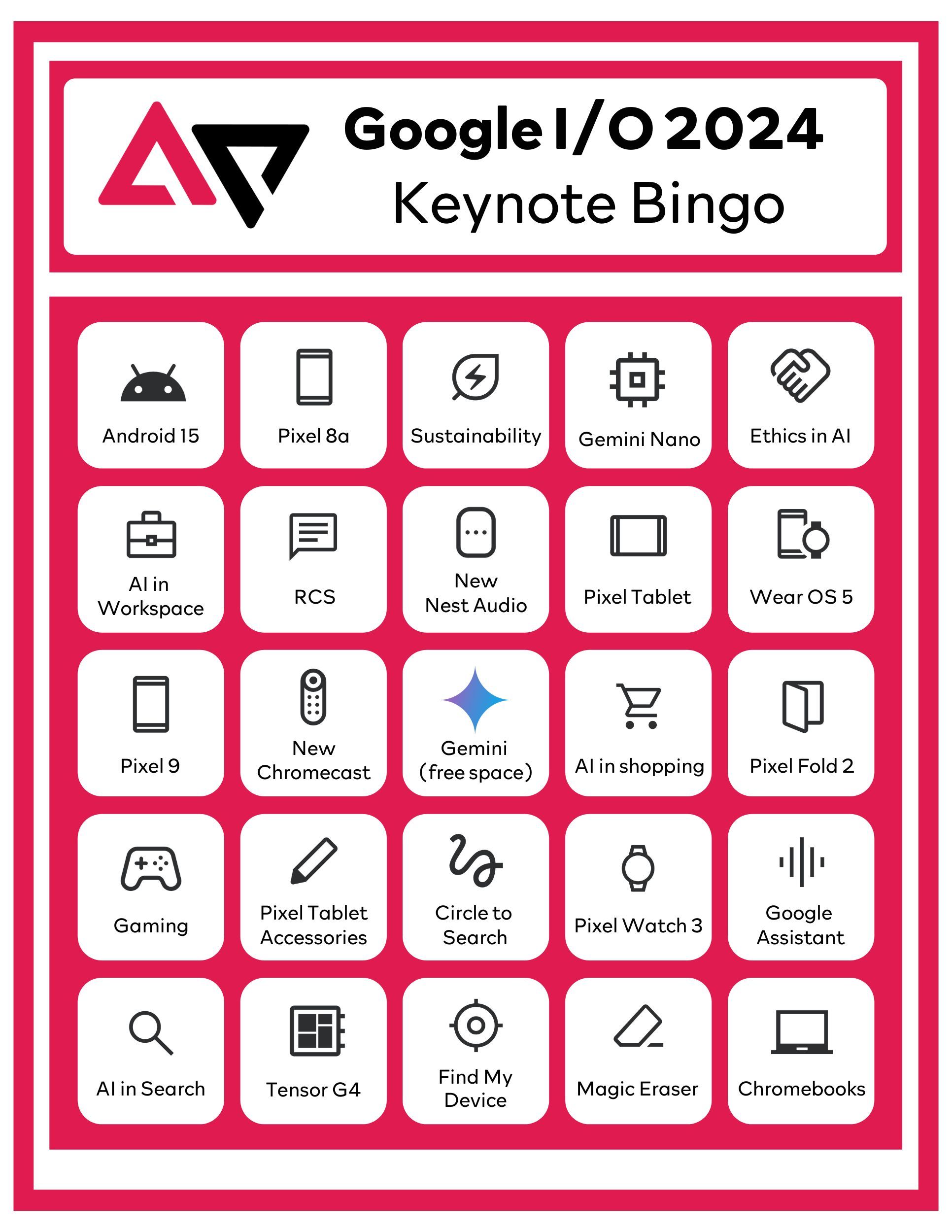 Um cartão de bingo mostrando vários ícones do Google