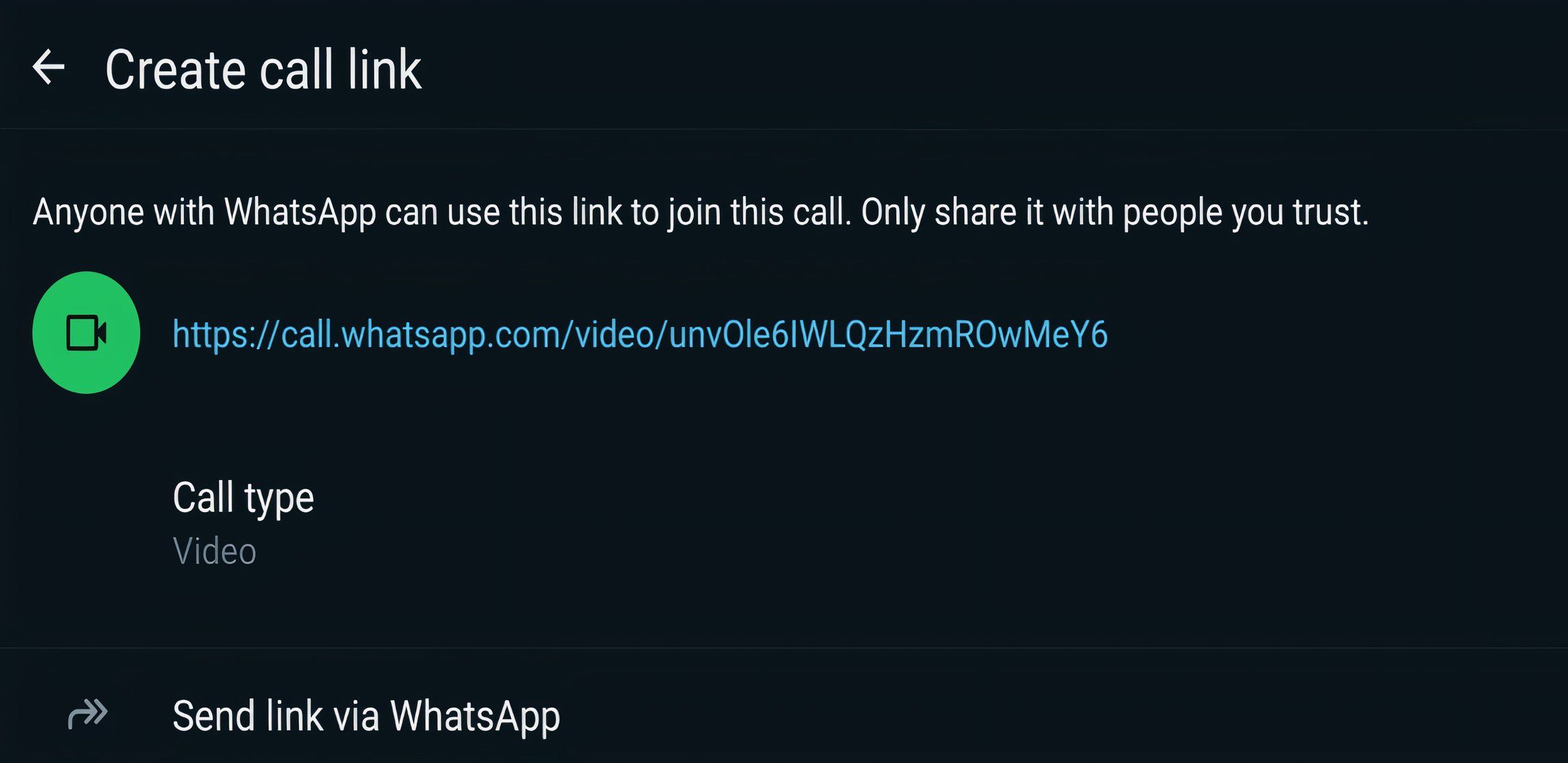 Uma captura de tela de um link de chamada gerado por links de chamada do Whatsapp