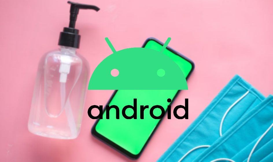 Logotipo do Android em cima de um telefone, um frasco de desinfetante e algumas máscaras faciais