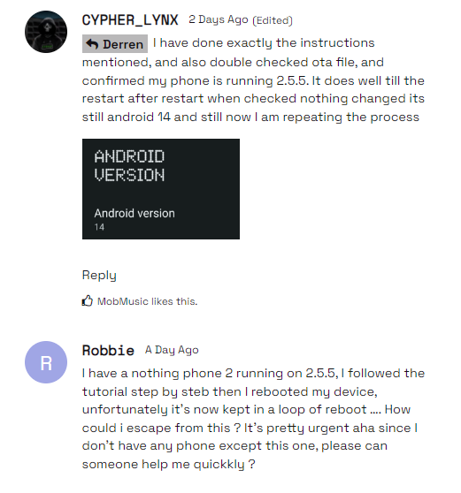 Uma captura de tela mostrando reclamações de usuários ao tentar instalar o Android 15 beta em seu Nothing Phone 2.