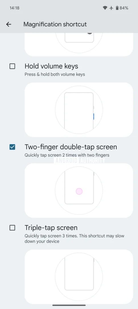 Captura de tela das próximas configurações de acessibilidade no Android 15.